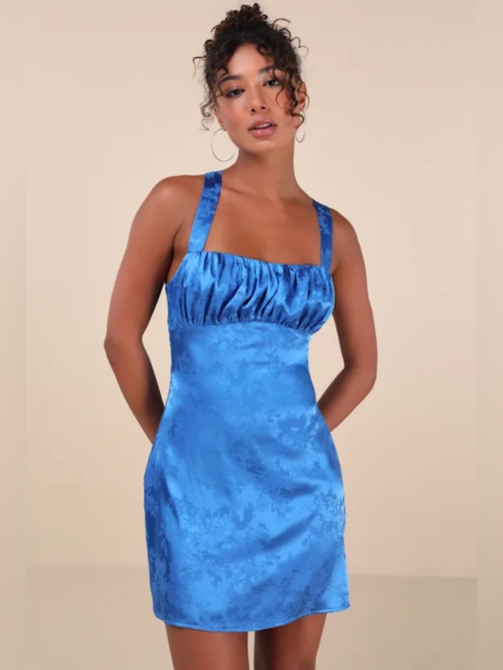 Lulus Exquisite Outlook Blue Floral Jacquard Satin Lace-Up Mini Dress S NWT